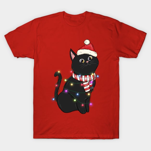 Black Cat Christmas Lights Funny Cat Lover Xmas T-Shirt by BadDesignCo